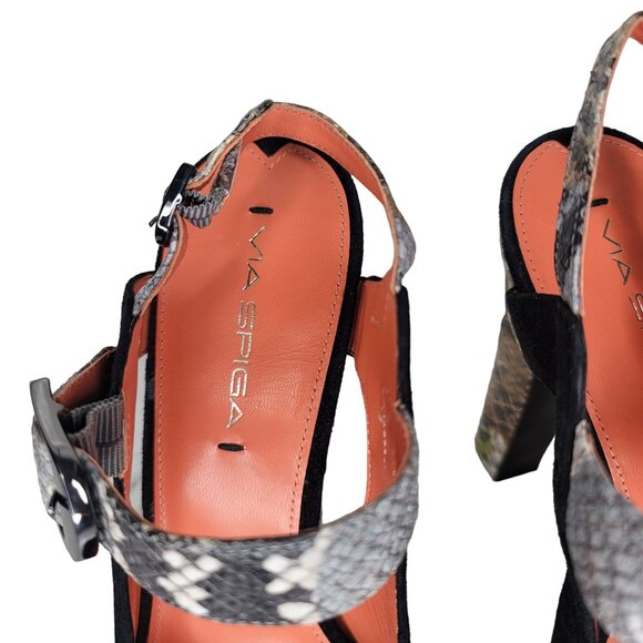 Via Spiga NWT Women's Black & Snakeskin High Heel Platform Sandals Size 9 - Picture 6 of 9